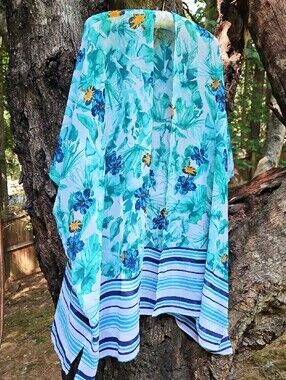 Jessica London Aqua Teal Floral Swim Coverup  Blue Stripe Hem Plus Size 18/22